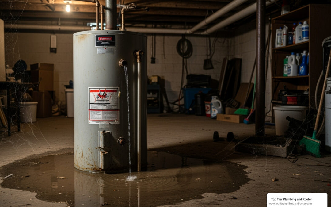 Old water heater in dim basement leaking, forming a large puddle.