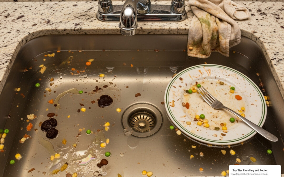A stainless steel kitchen sink filled with food scraps and dirty water.
